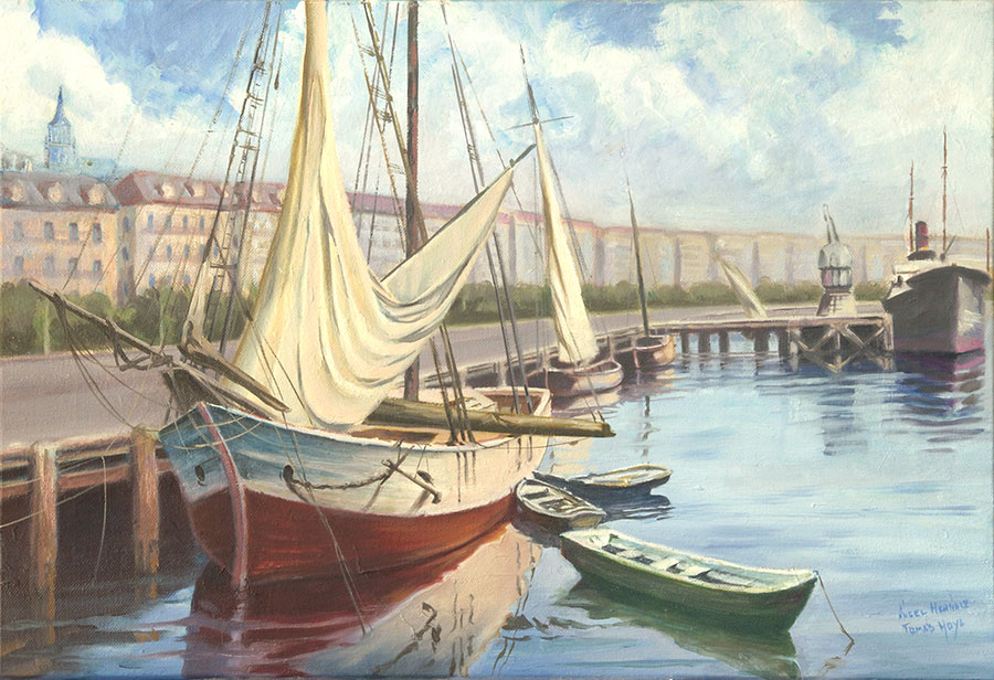 Cuadro del muelle antiguo de Santander. Barcos de vela, barcas de madera, mar