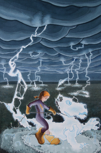 Jinete eléctrica, ilustración en acuarela de Tomás Hoya Cicero para el cuento "Peka". Watercolor, fantasía, fantasy.