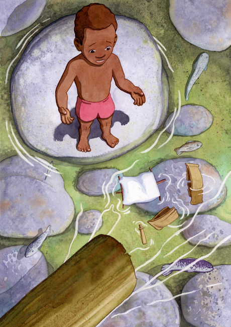 Ilustración en acuarela de Tomás Hoya Cicero, para el cuento "Historia de amor entre un río y un niño" publicado por PBI