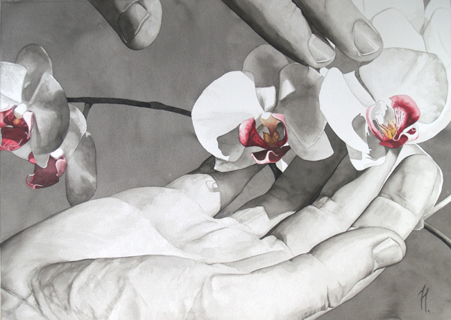 Orquídeas entre mis manos, acuarela premiada en el Certamen de Bellas Artes de Andorra.