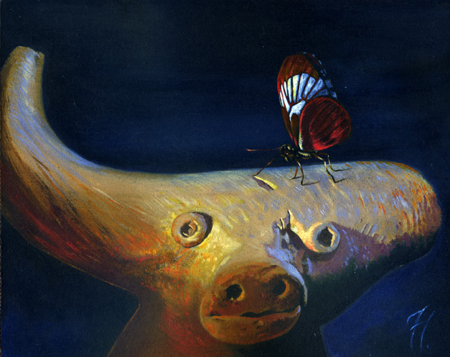 El búfalo y la mariposa, pintura acrílica de Tomás Hoya Cicero, donde se juega con la representaciones de la natuarleza