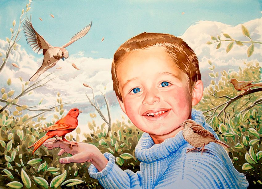 Retrato de niño en acuarela de Tomás Hoya Cicero. Portrait of boy in watercolor. Ambientado, pájaros. Set, birds.