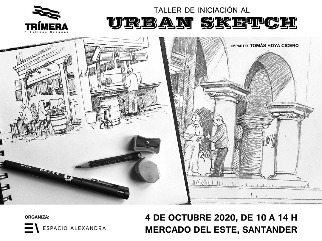 Cartel anunciador de taller de iniciación al Urban Sketch en Santander, impartido por Tomás Hoya, en octubre de 2020