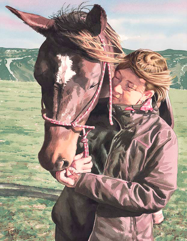 Retrato con acuarela, chica con caballo