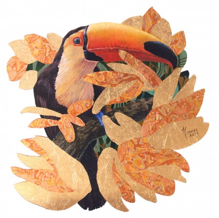 Hermano tucán, acrílico y pan de oro, obra de Tomás Hoya Cicero. Brother toucan, acrilic y Gold leaf. Hojas doradas.
