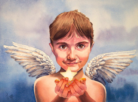 Retrato ilustrado. Retrato de una niña alada en acuarela. Artista Tomás Hoya Cicero. Santander