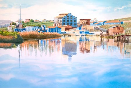 REFLEJOS EN SAN MARTÍN, acuarela de Tomás Hoya Cicero. Watercolor, dibujo, pintura, painting. Paisaje de zona portuaria. Landscape.