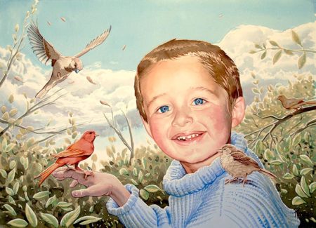 Retrato infantil con pájaros